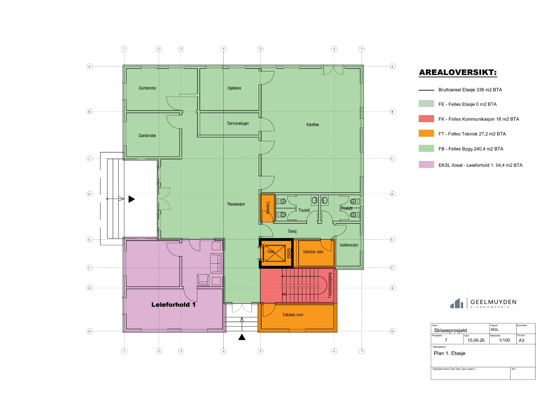 Forside av arealrapport-demo med arealoversikt og fargelagt plantegning